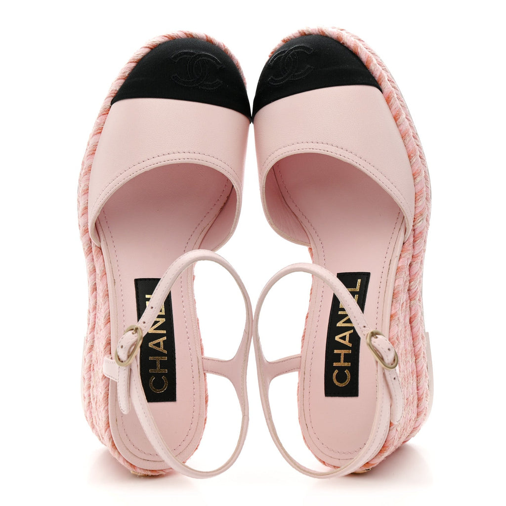Lambskin Grosgrain CC Espadrilles Wedges 35 Pink Black