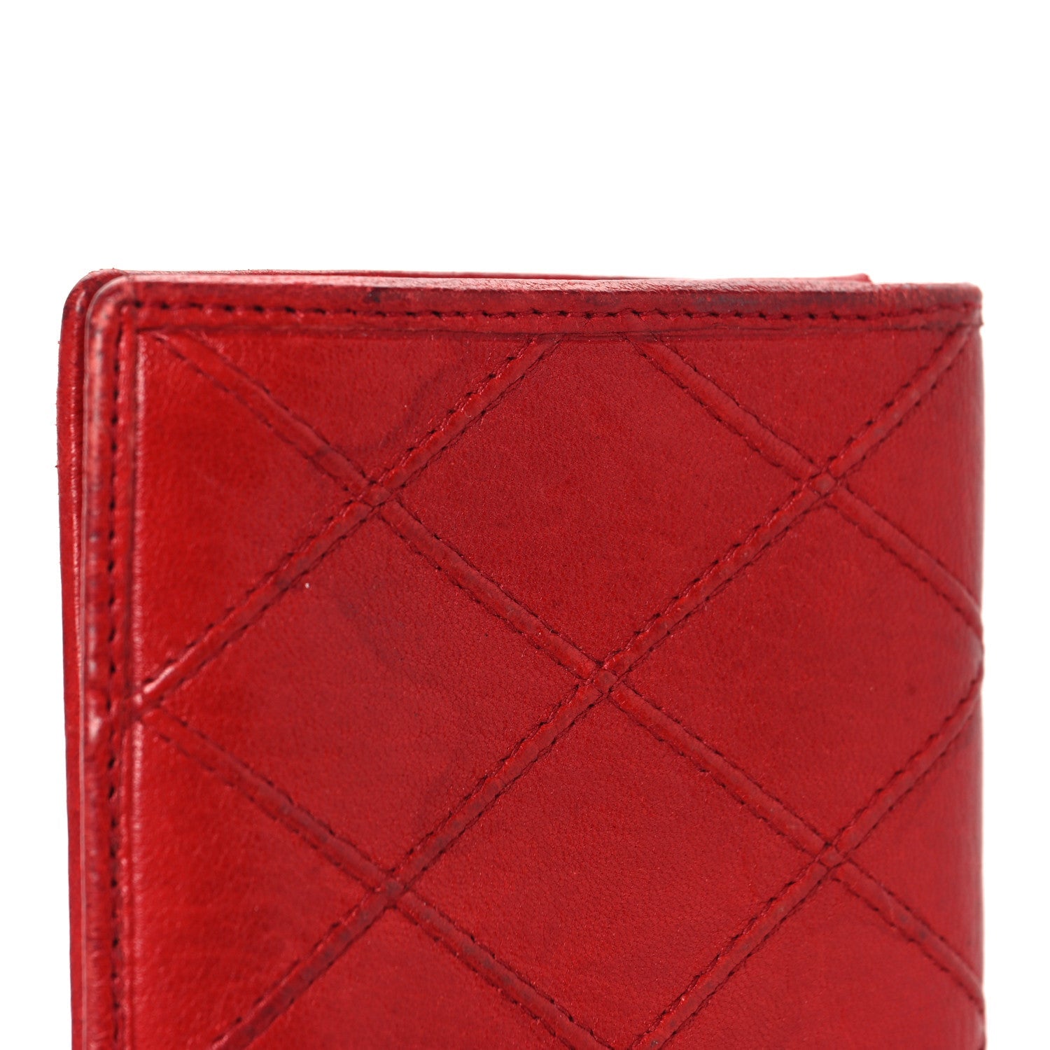 Lambskin Diamond Stitched Flap Card Case Red