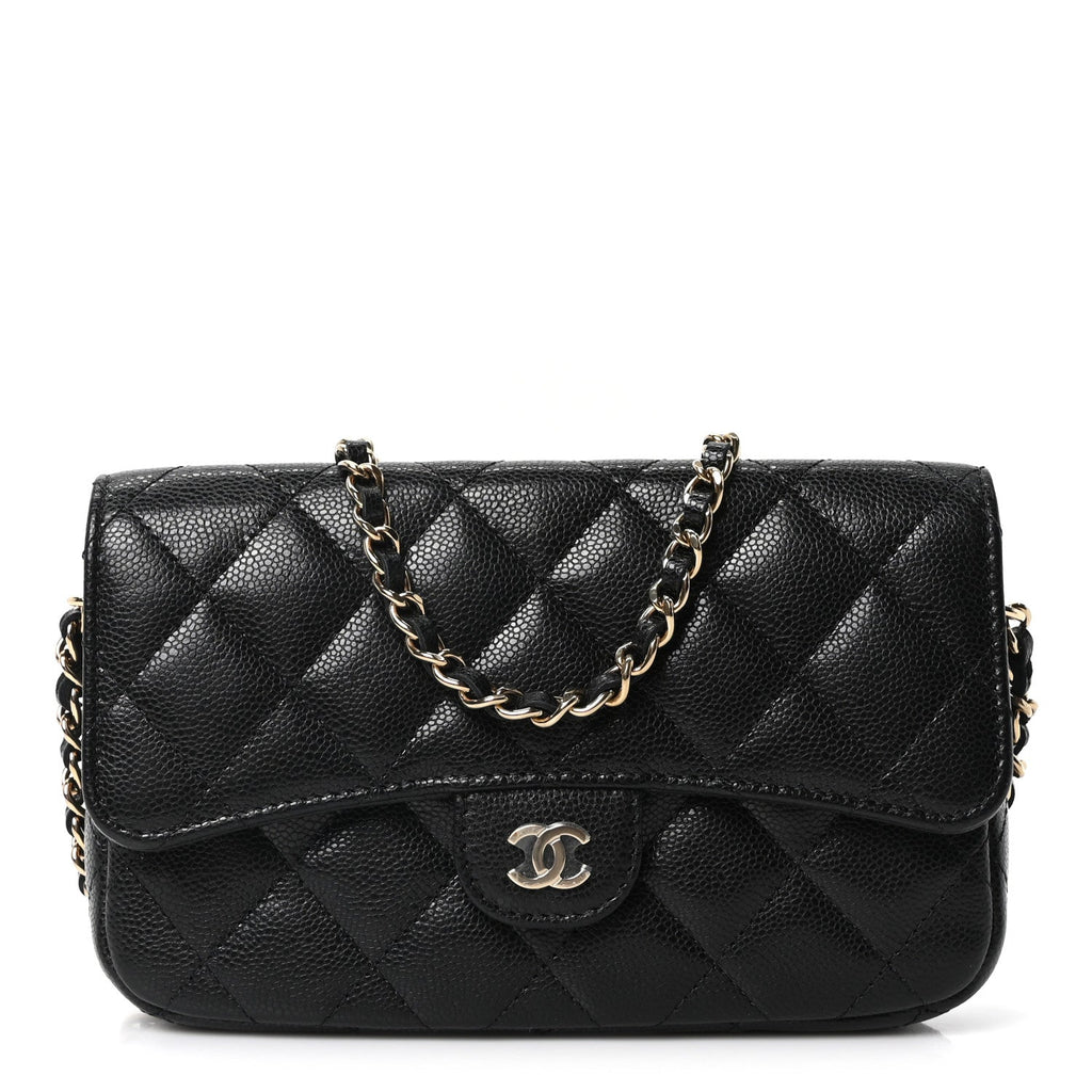 Caviar Quilted Flap Phone Holder With Chain Black