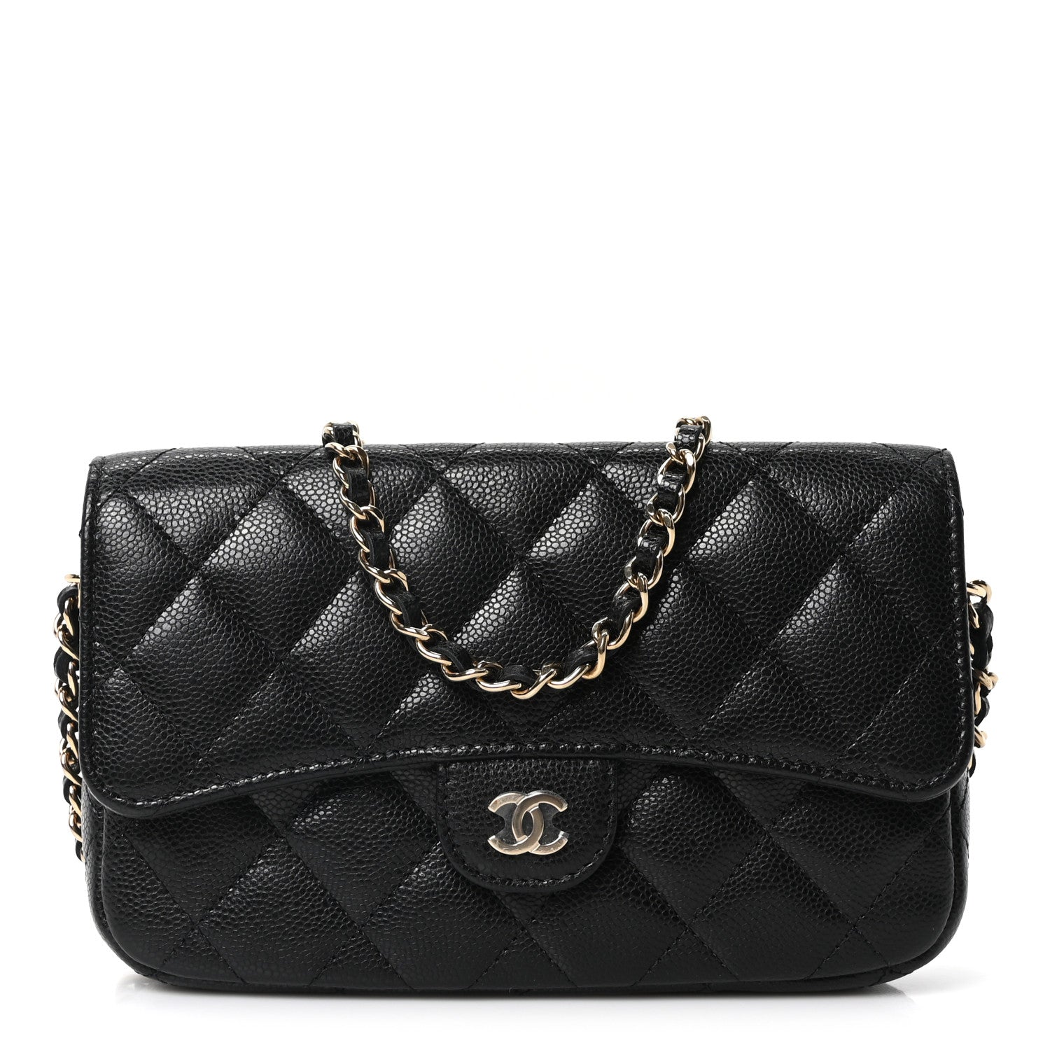 Caviar Quilted Flap Phone Holder With Chain Black