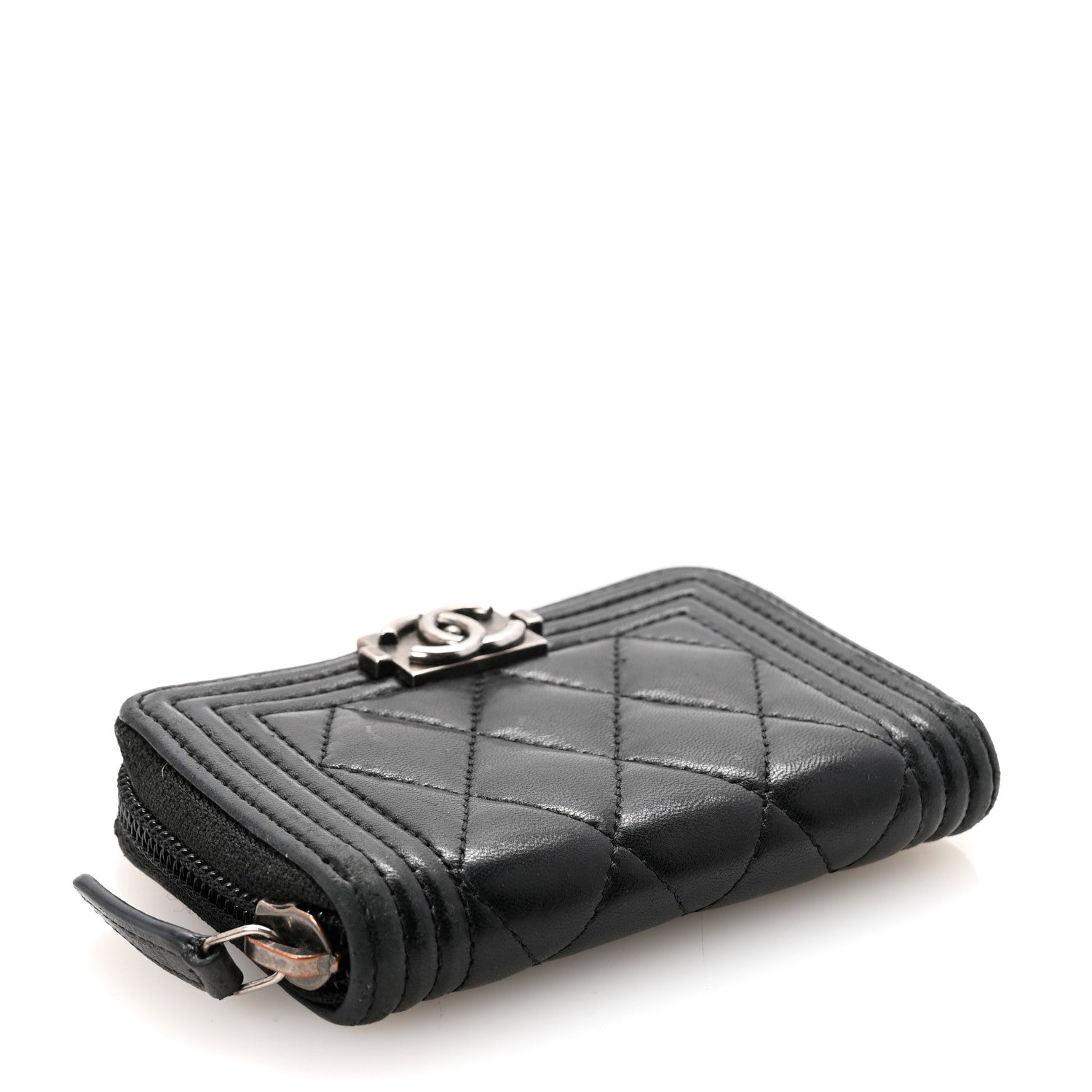 Lambskin Quilted Zip Around Boy Coin Purse Wallet Black