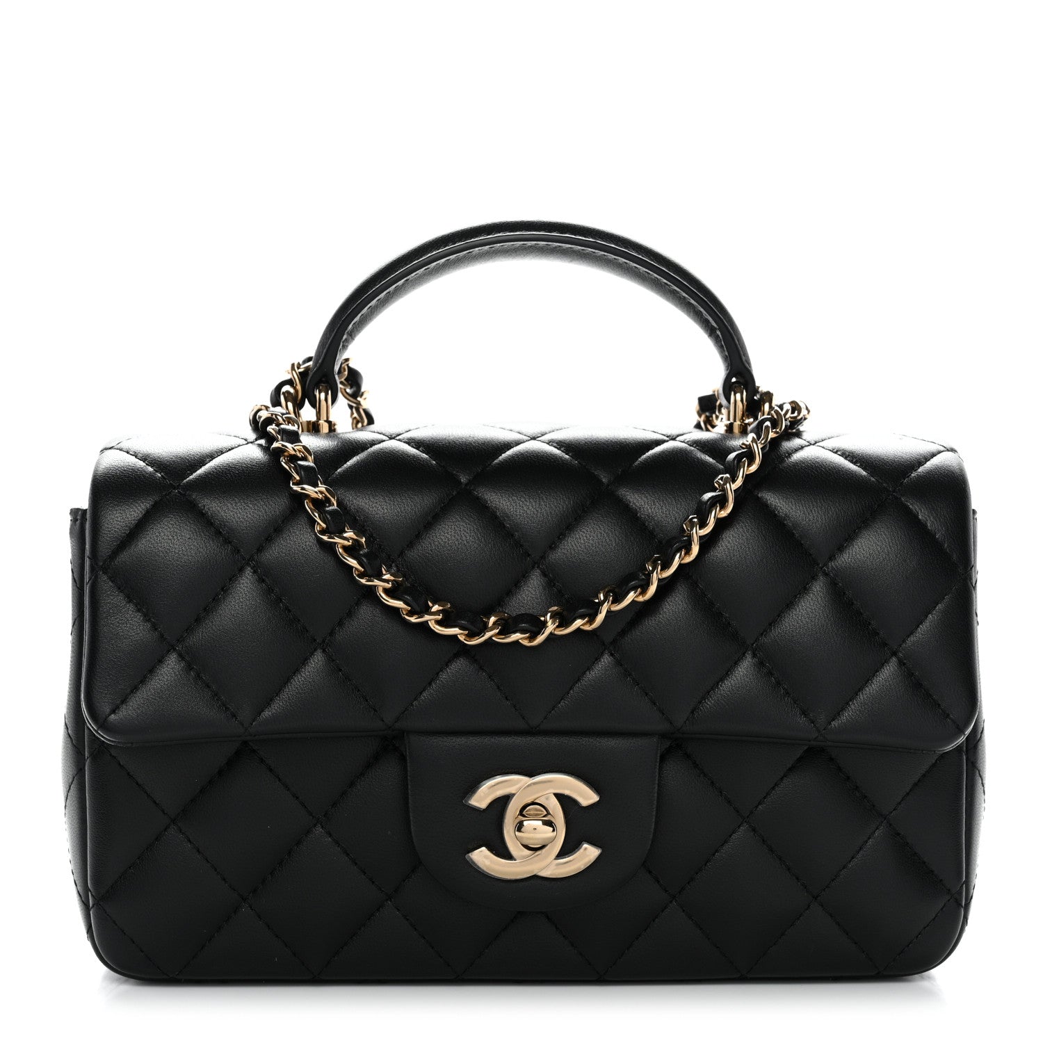 Chanel Lambskin Quilted Mini Top Handle Rectangular Flap Black
