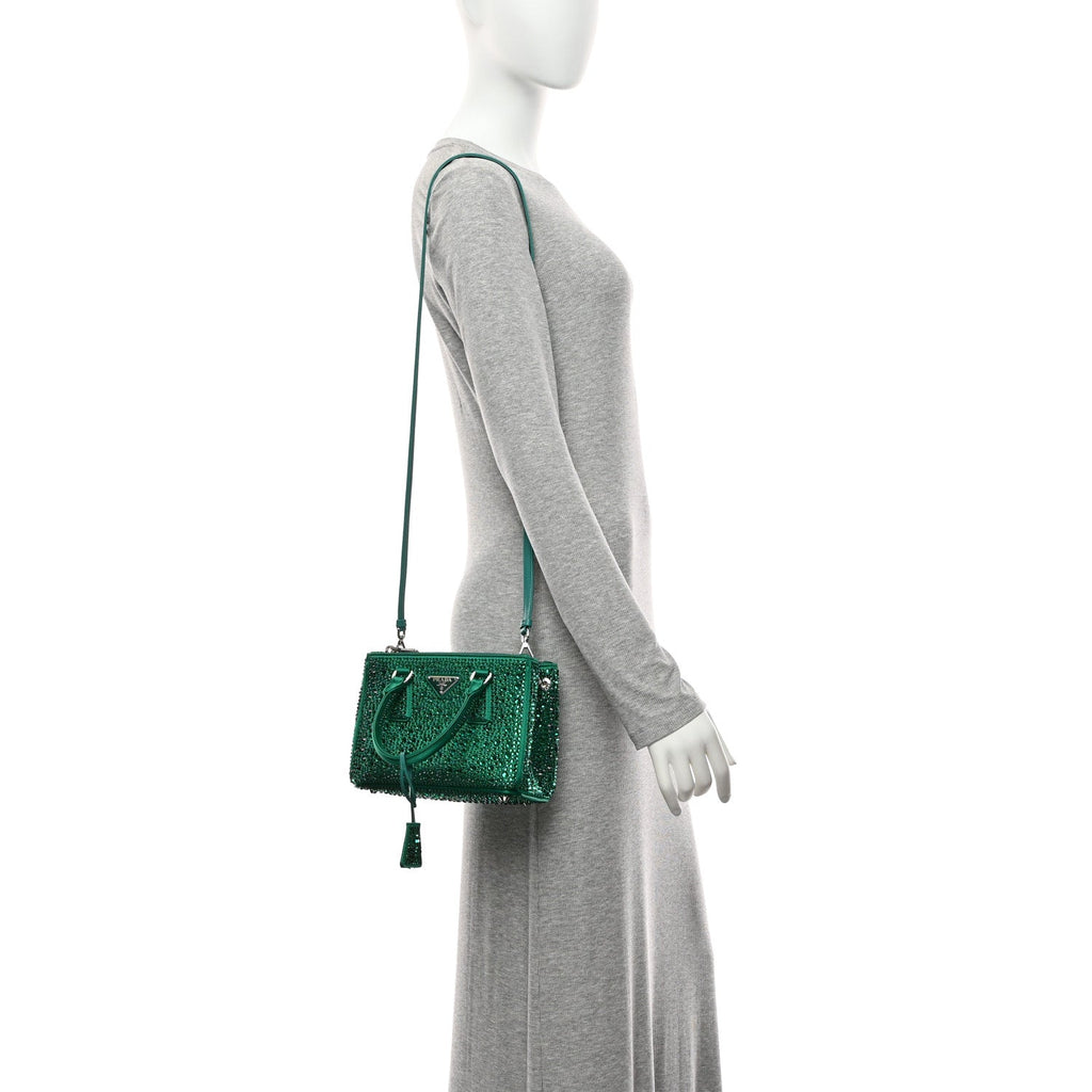 Prada Satin Crystal Mini Galleria Double Zip Tote Mango