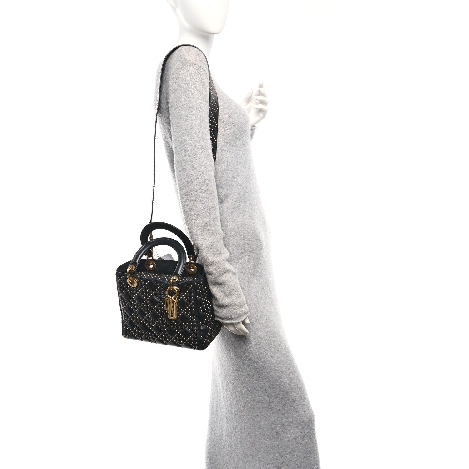 Christian Dior Calfskin Cannage Studded Medium Supple Lady Dior Black