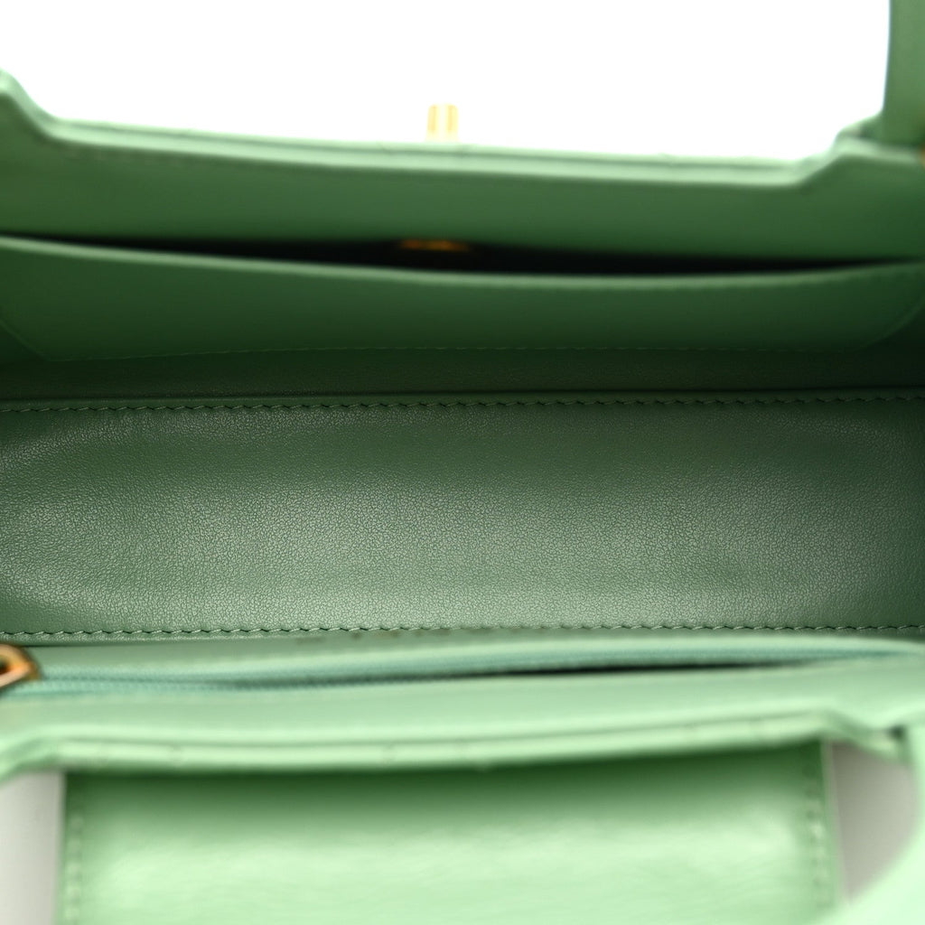 Chanel Shiny Aged Calfskin Quilted Nano Kelly Shopper Light Green