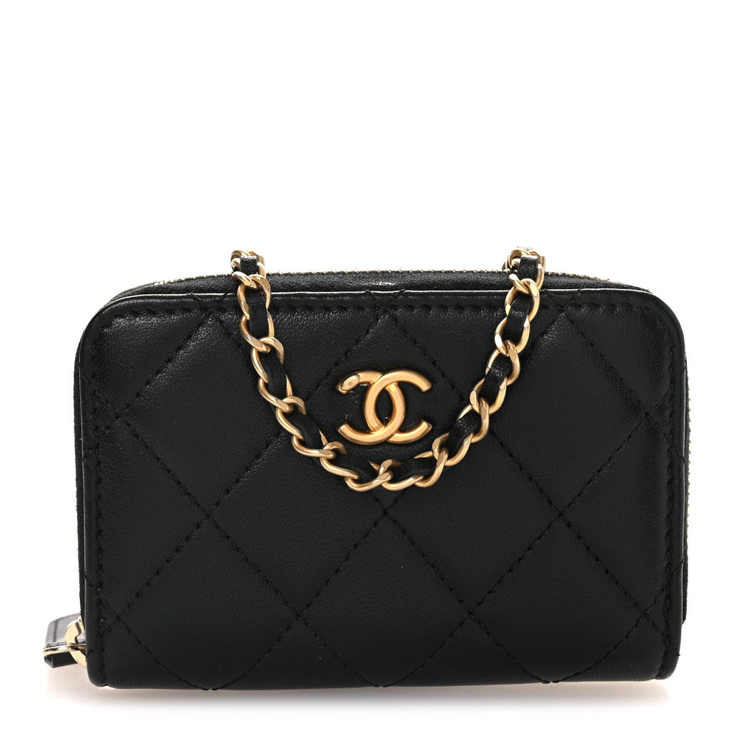 Chanel Lambskin Quilted CC Pearl Crush Zip Card Holder On Chain Black