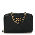 Chanel Lambskin Quilted CC Pearl Crush Zip Card Holder On Chain Black