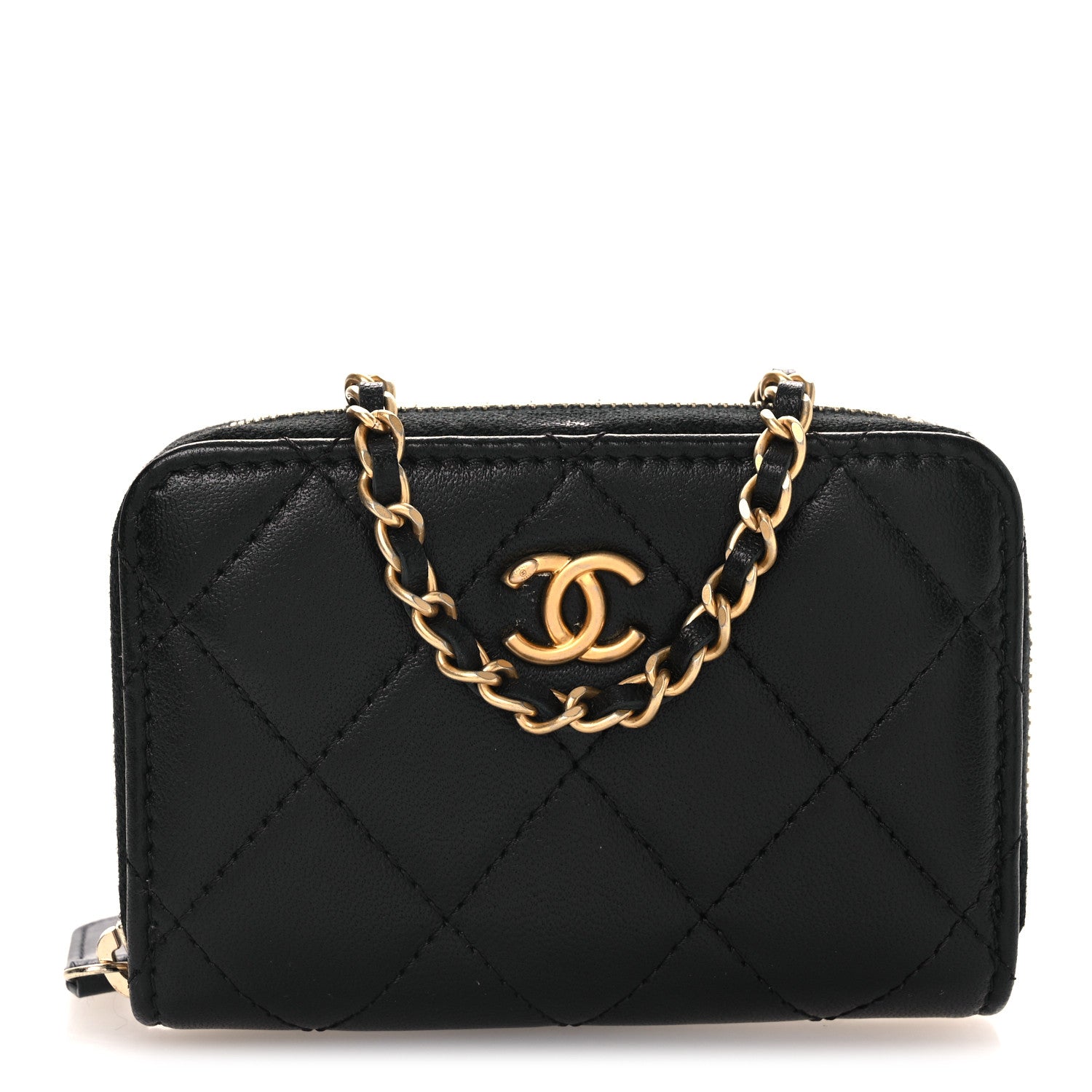 Chanel Lambskin Quilted CC Pearl Crush Zip Card Holder On Chain Black