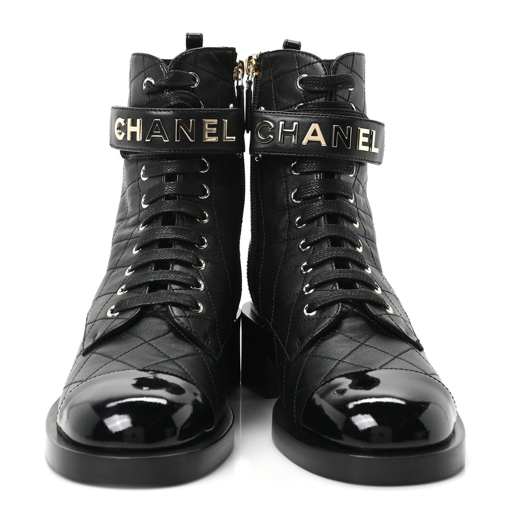 Lambskin Patent Calfskin Quilted Logo Lace Up Combat Boots 39.5 Black