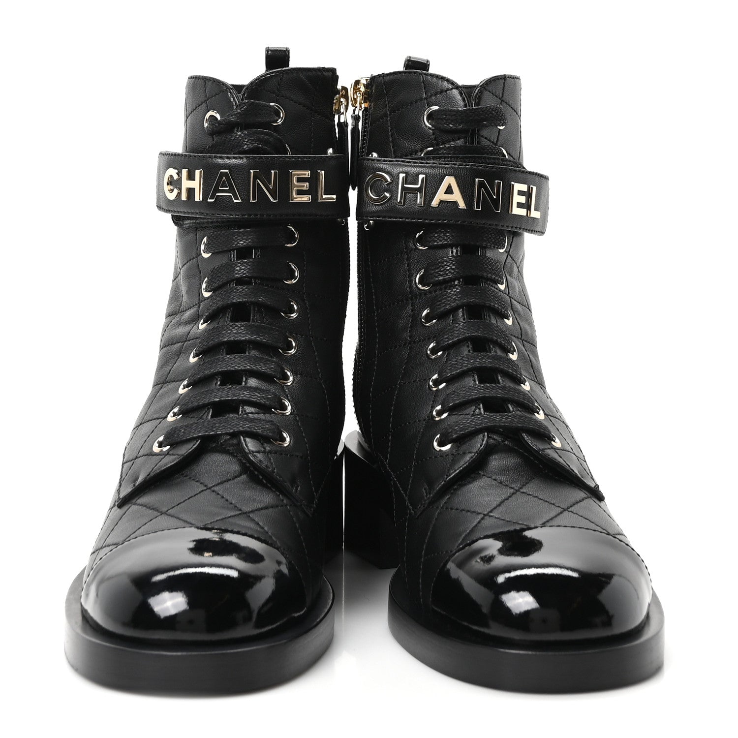 Lambskin Patent Calfskin Quilted Logo Lace Up Combat Boots 39.5 Black