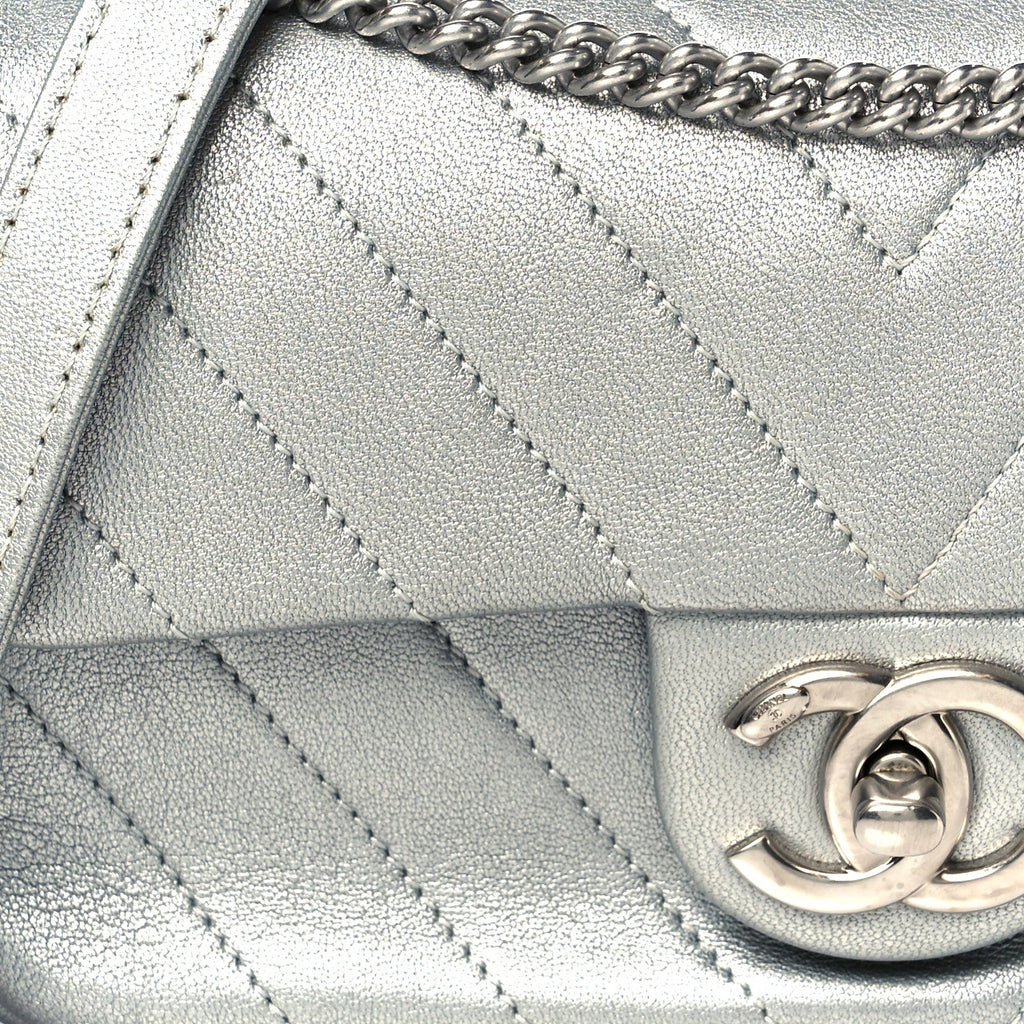 Chanel Metallic Lambskin Chevron Quilted Mini Rectangular Flap Silver