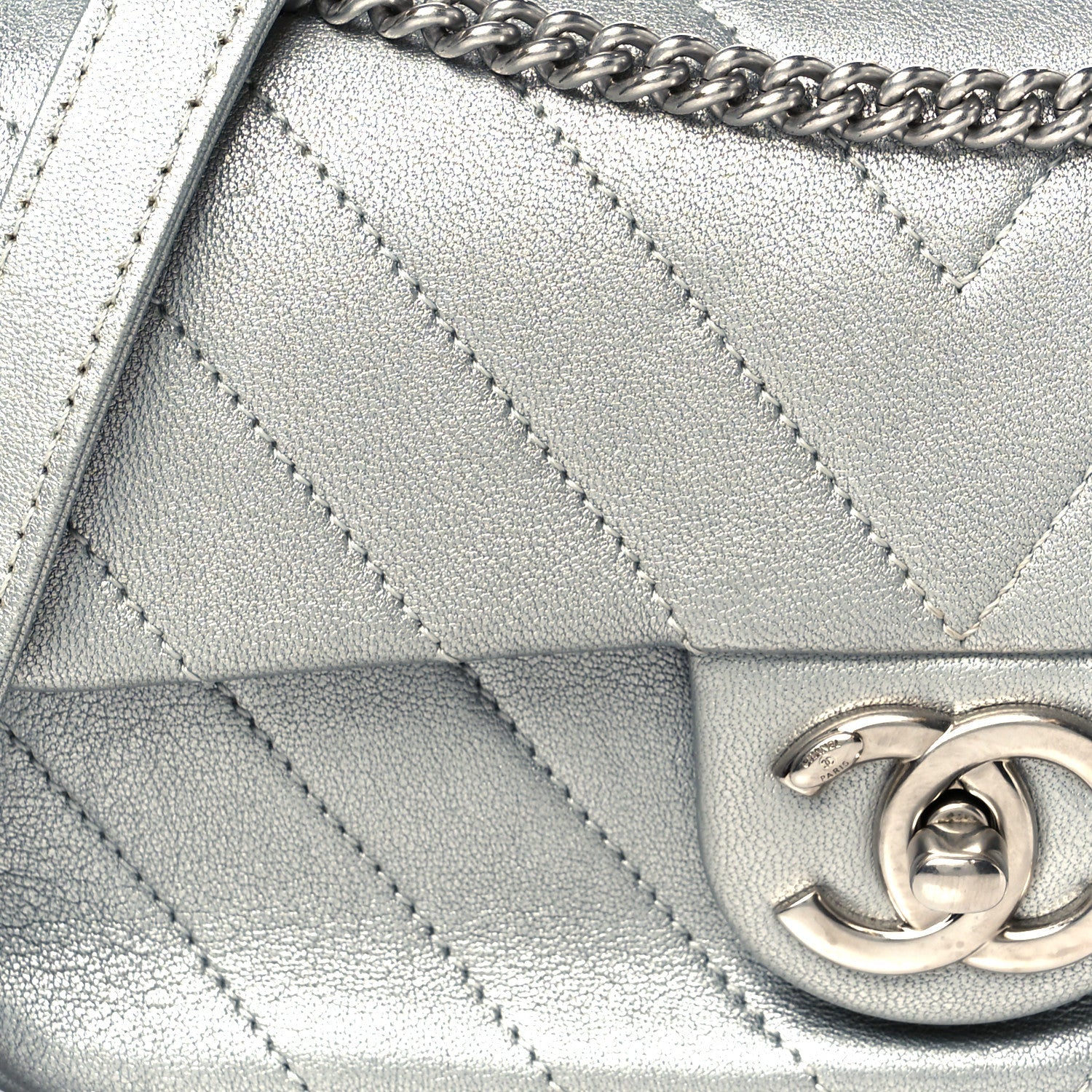 Chanel Metallic Lambskin Chevron Quilted Mini Rectangular Flap Silver