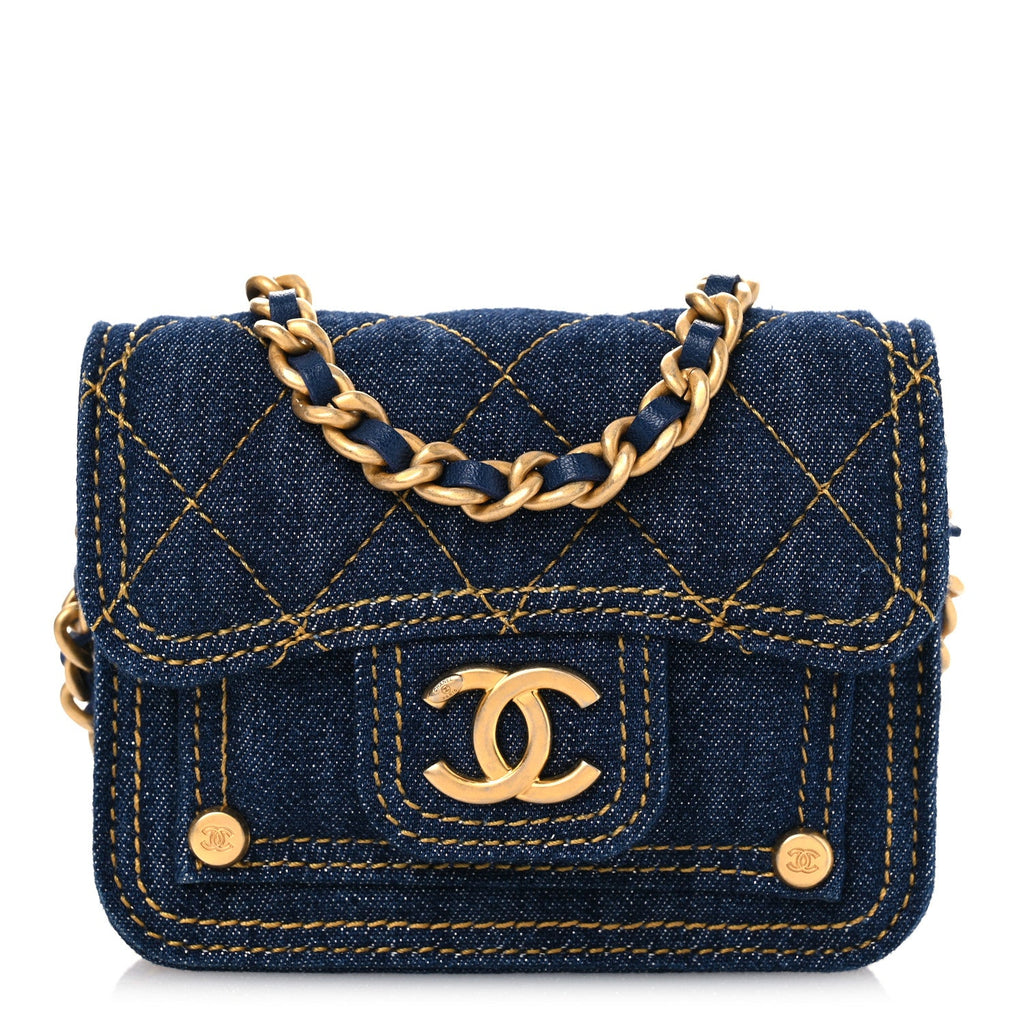 Chanel Denim Quilted Double You Card Holder On Chain Blue