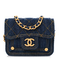 Chanel Denim Quilted Double You Card Holder On Chain Blue