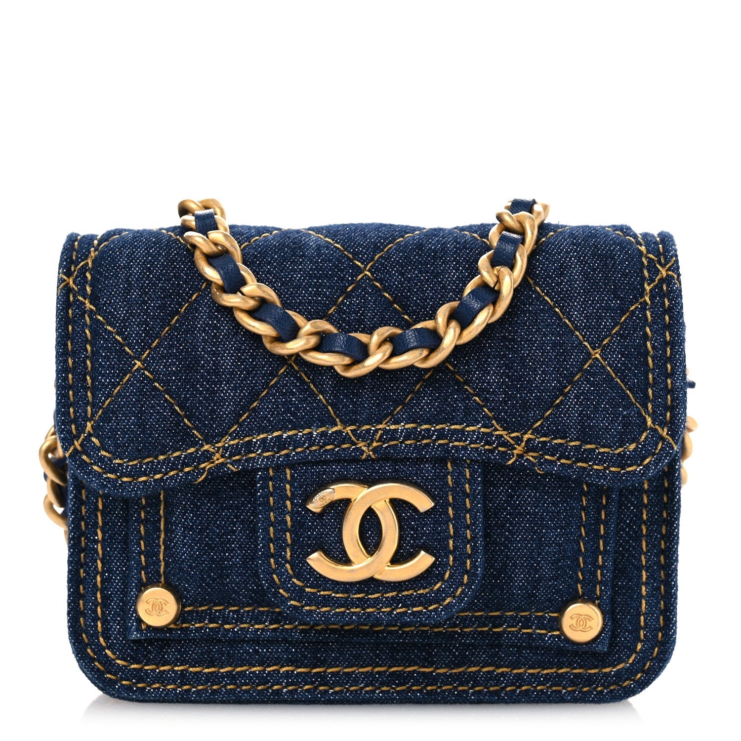 Chanel Denim Quilted Double You Card Holder On Chain Blue