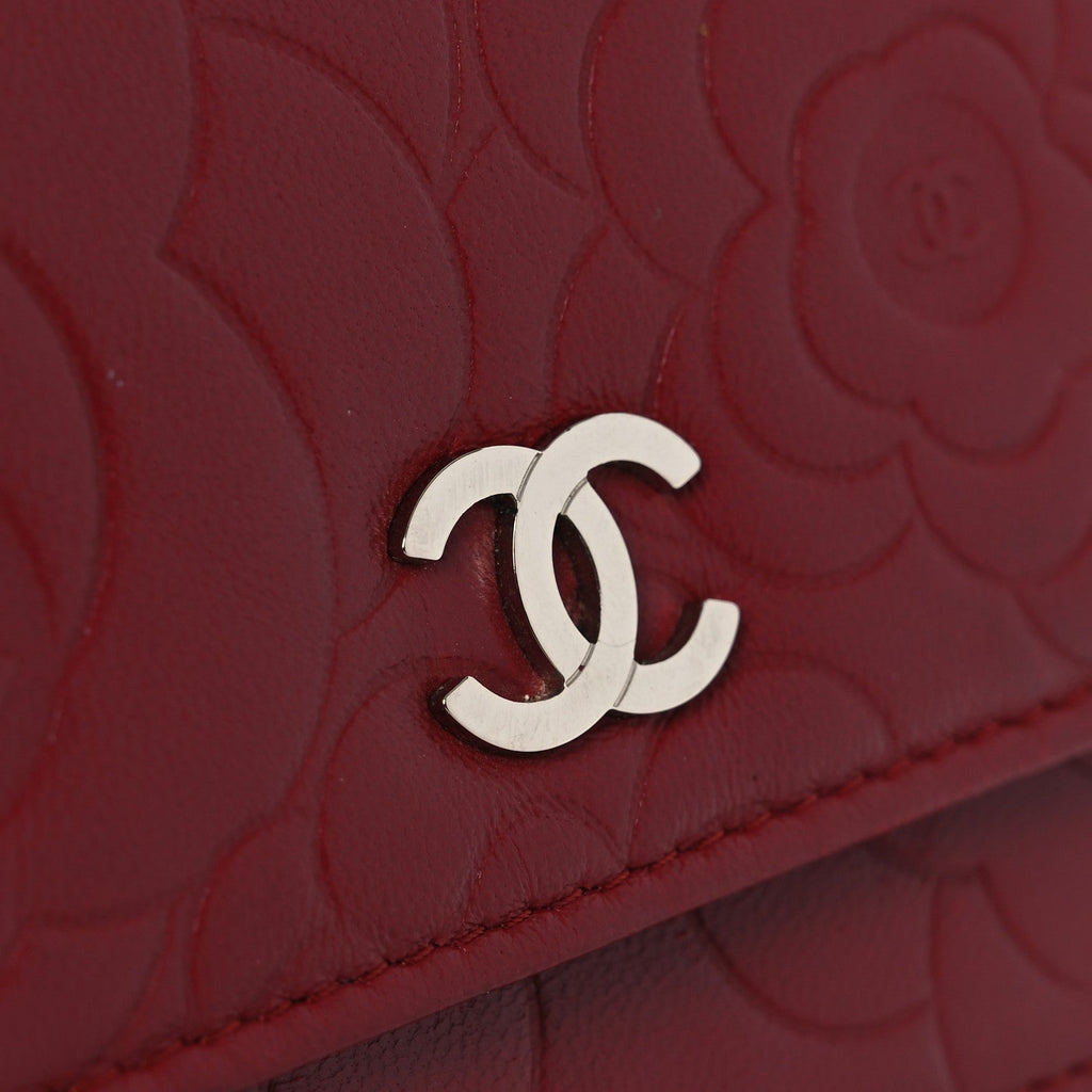 Chanel Lambskin Camellia Embossed Wallet on Chain WOC Red