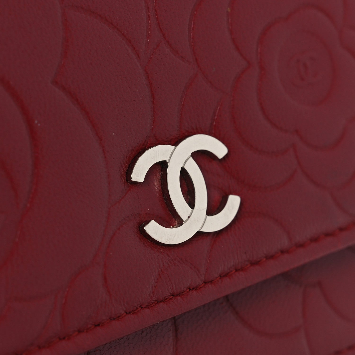 Chanel Lambskin Camellia Embossed Wallet on Chain WOC Red
