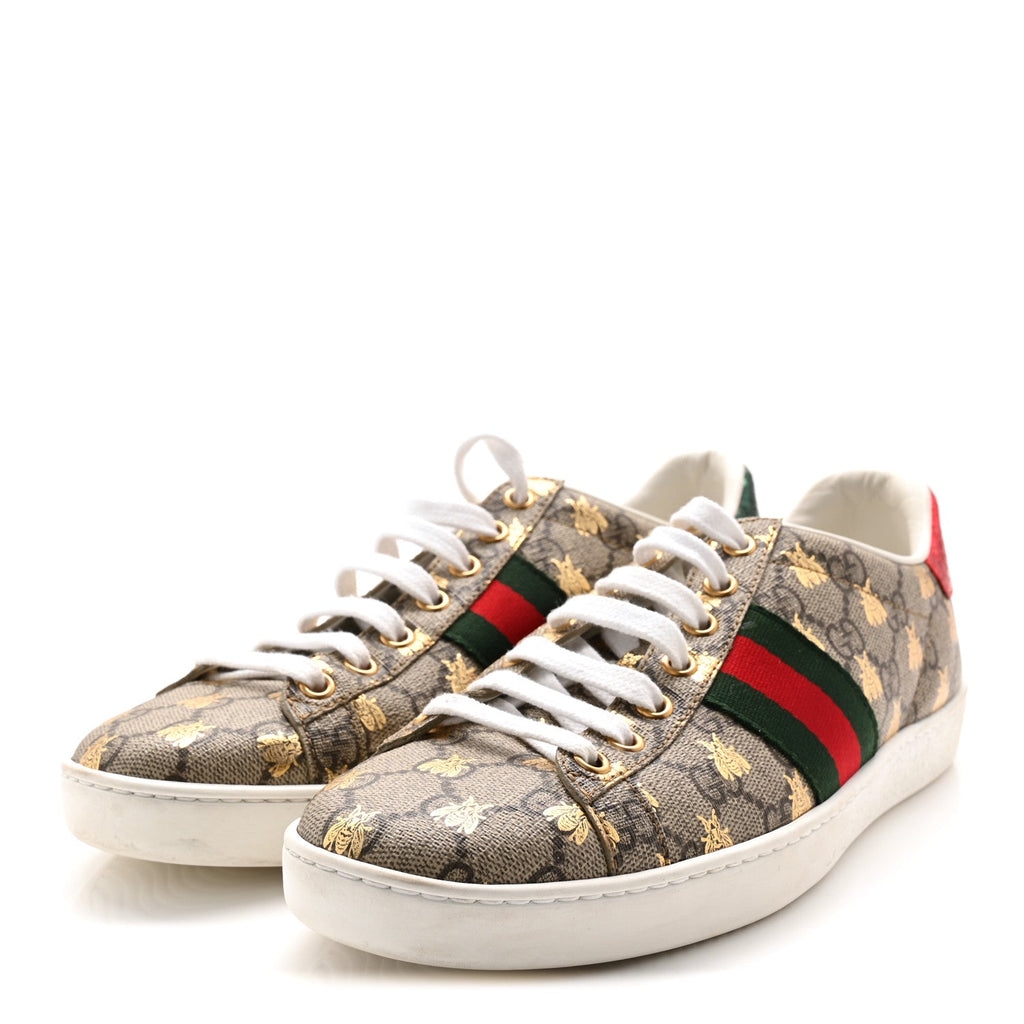 Gucci GG Supreme Monogram Bees Ayers Web Womens Ace Sneakers 38.5 Beige Oro Green Red