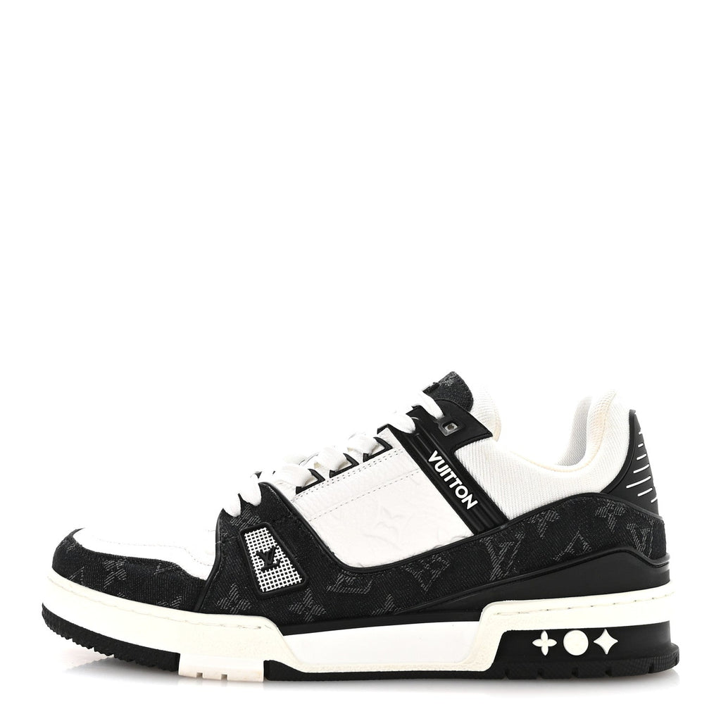Louis Vuitton Calfskin Monogram Denim Mens LV Trainer Sneakers 8.5 Black