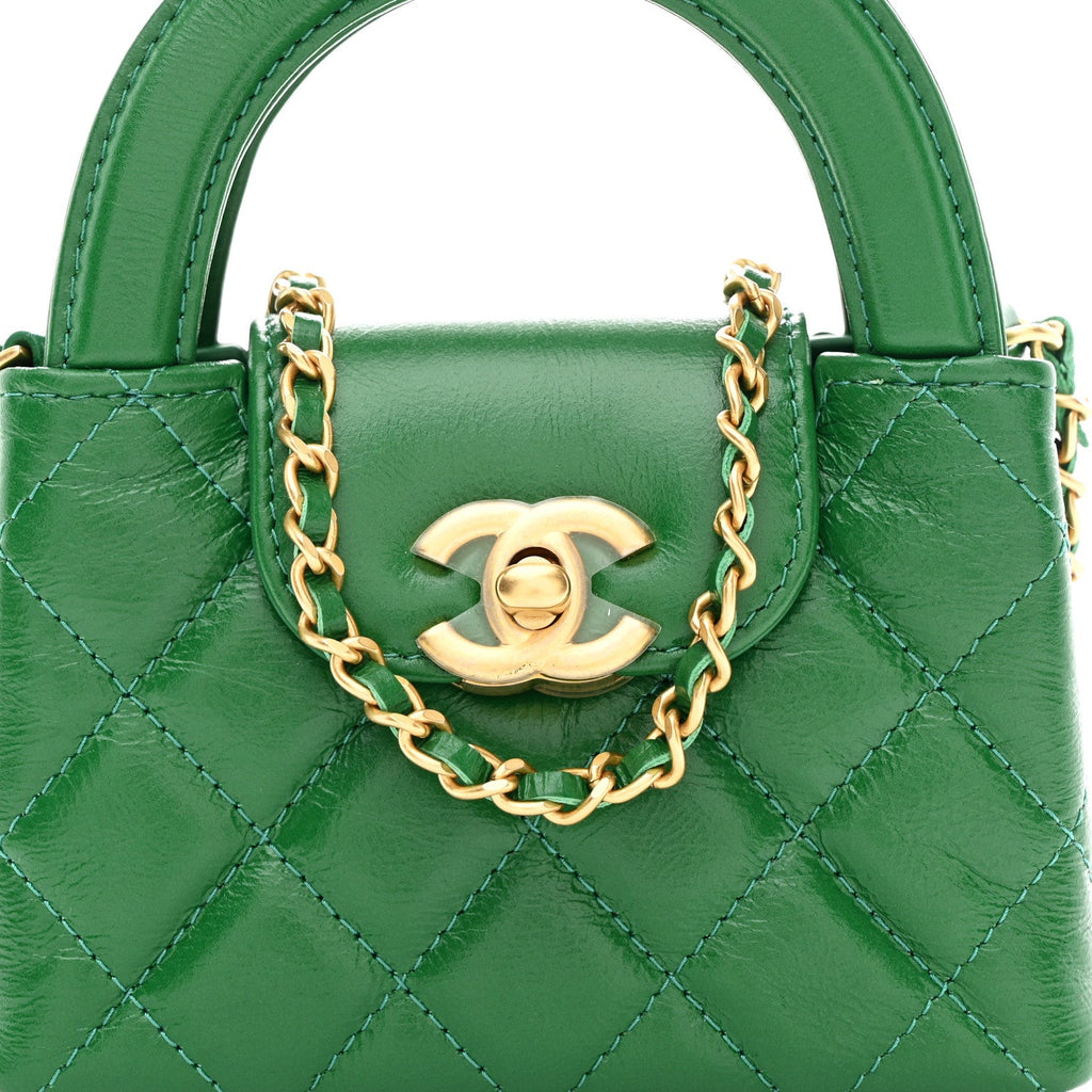 Chanel Shiny Aged Calfskin Quilted Mini Nano Kelly Shopper Green