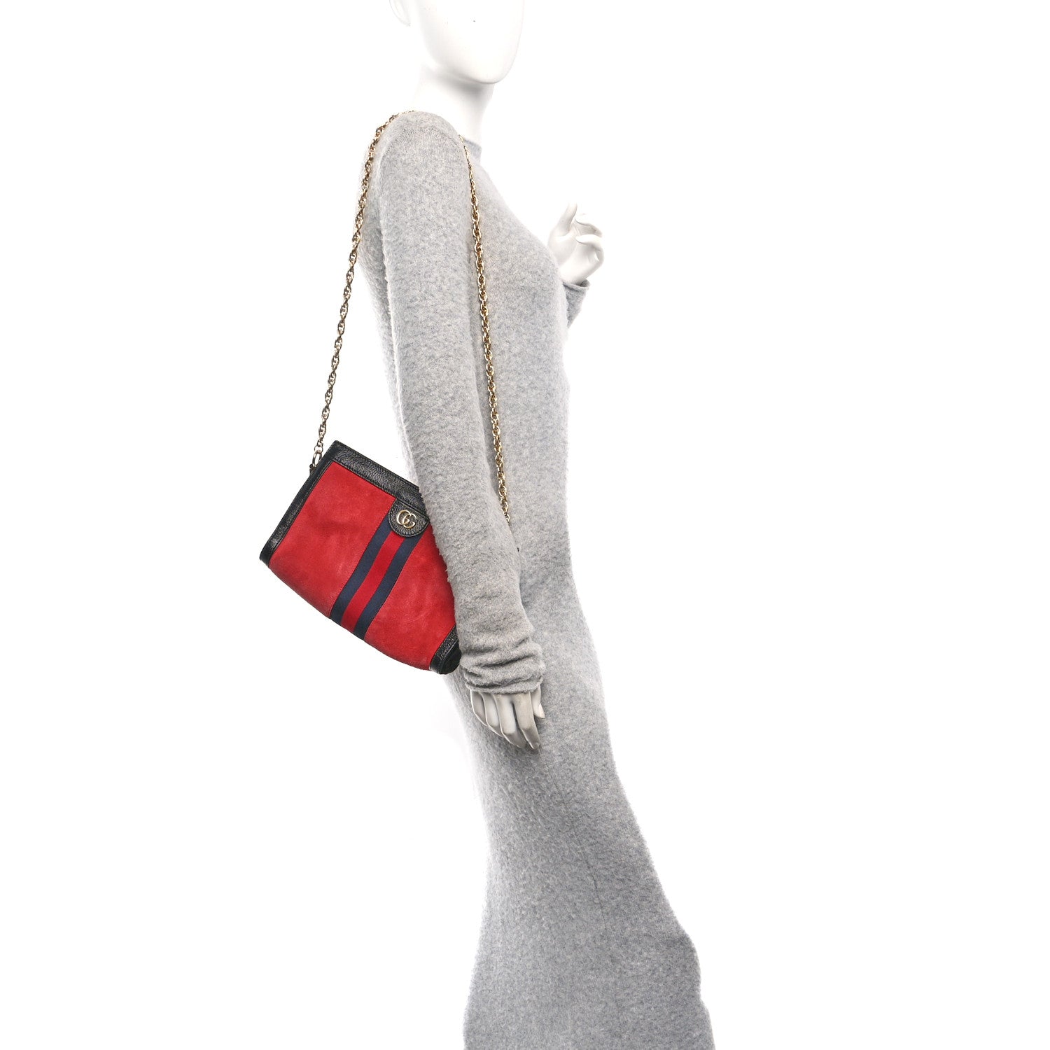 Gucci Suede Patent Web Small Ophidia Chain Shoulder Bag Hibiscus Red Black