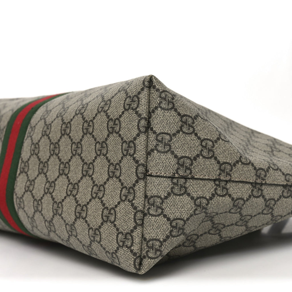 Gucci GG Supreme Monogram Textured Calfskin Web Medium Ophidia Shopping Tote Beige Ebony New Acero