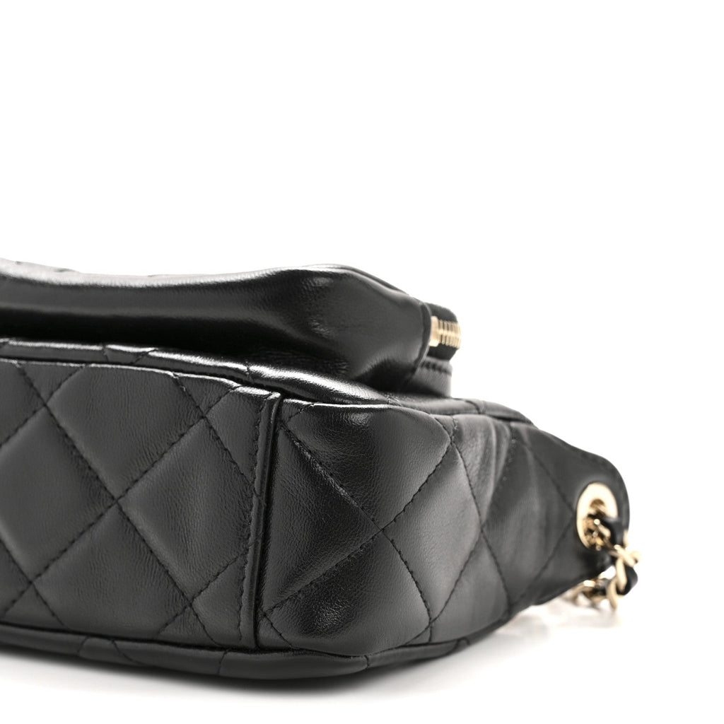Chanel Shiny Crumpled Lambskin Quilted Mini Clutch With Chain Black