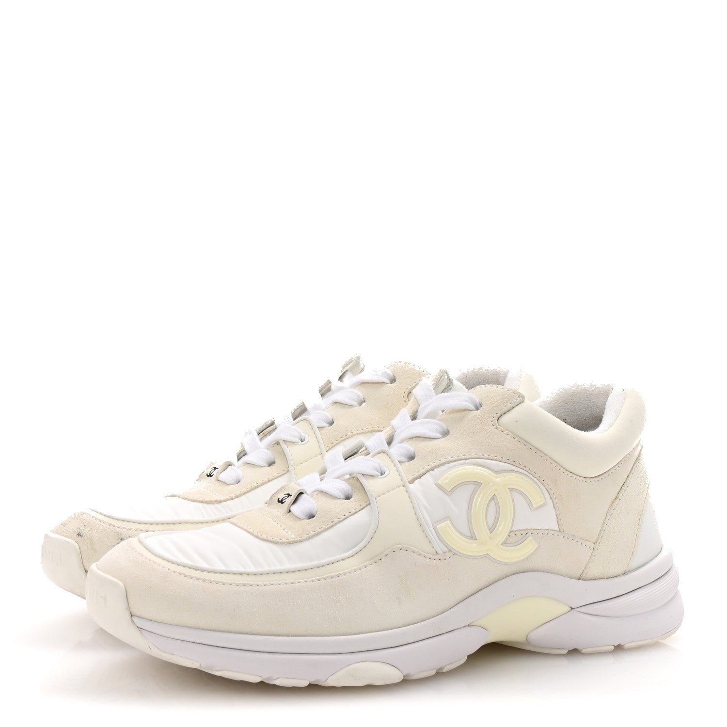 Chanel Suede Calfskin Fabric CC Sneakers 38 White