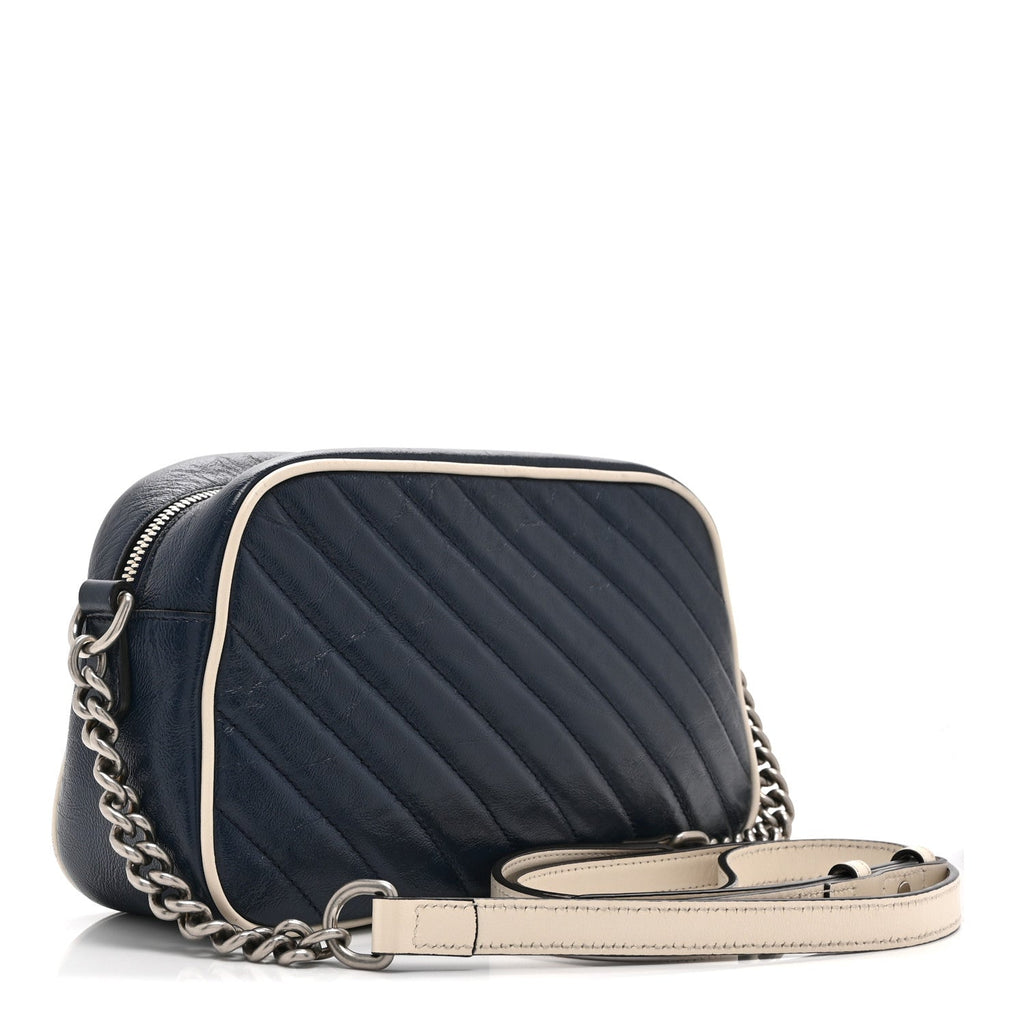 Gucci Vintage Effect Calfskin Matelasse Diagonal Small Torchon GG Marmont Chain Shoulder Bag Blue Agata Mystic White