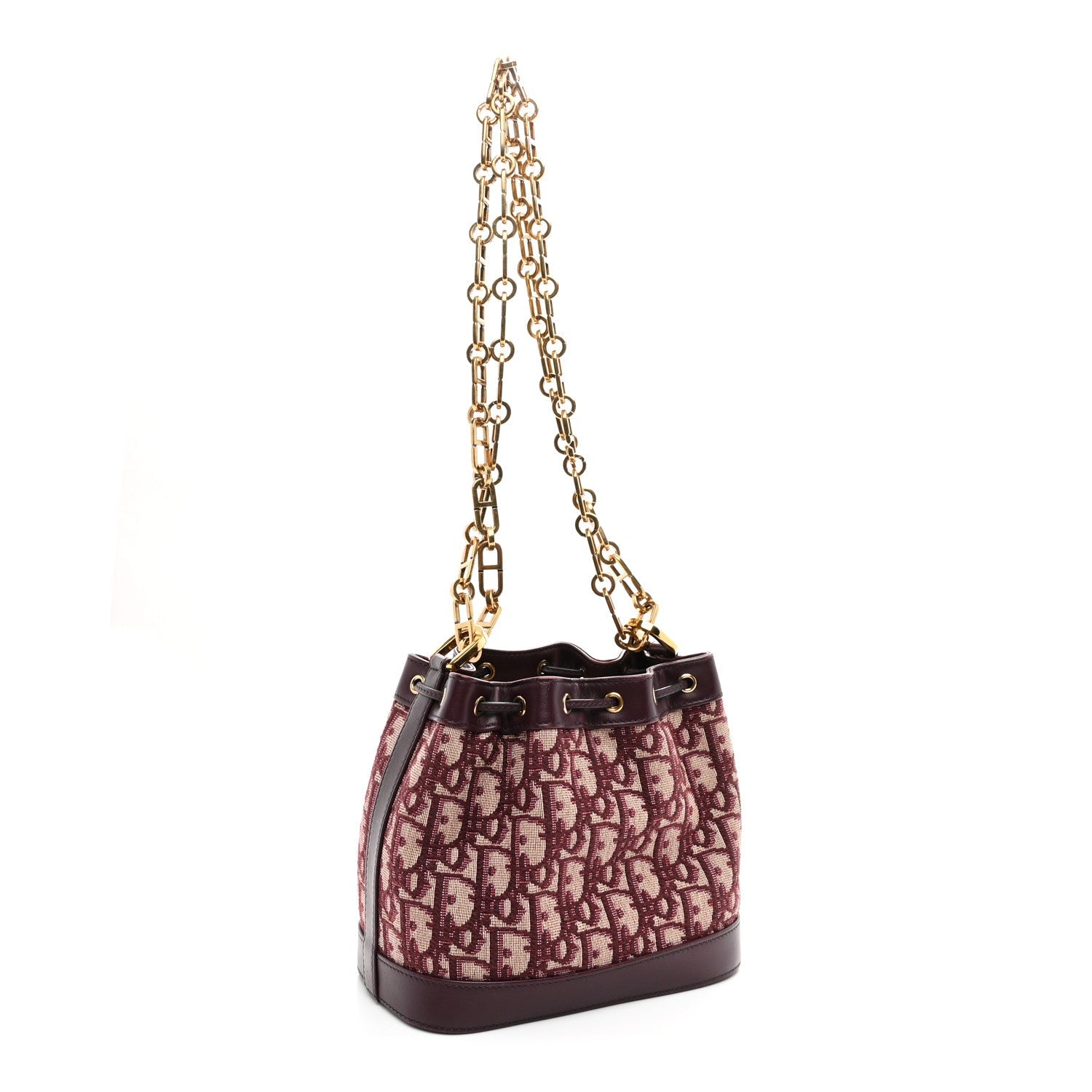 Christian Dior Oblique Drawstring Chain Bucket Bag Burgundy