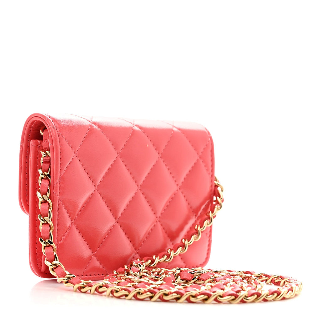 Chanel Shiny Lambskin Quilted Card Holder On Chain Pink