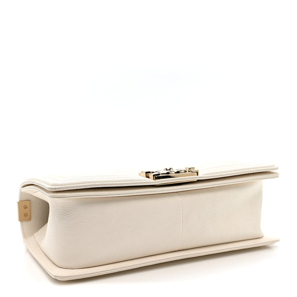 Chanel Caviar Chevron Quilted Medium Boy Flap White