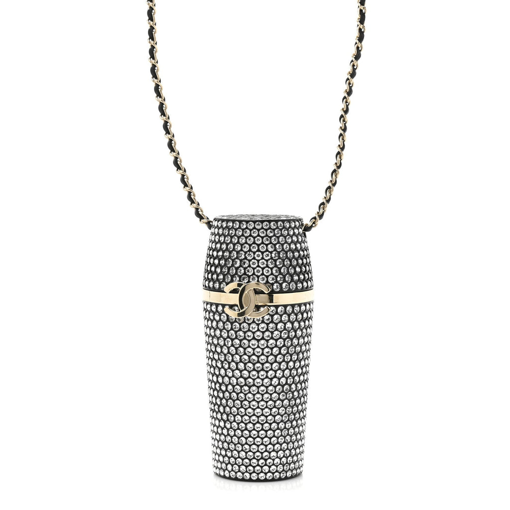 Chanel Metal Resin Lambskin Crystal Lipstick Case Long Necklace On Chain Silver Black Gold