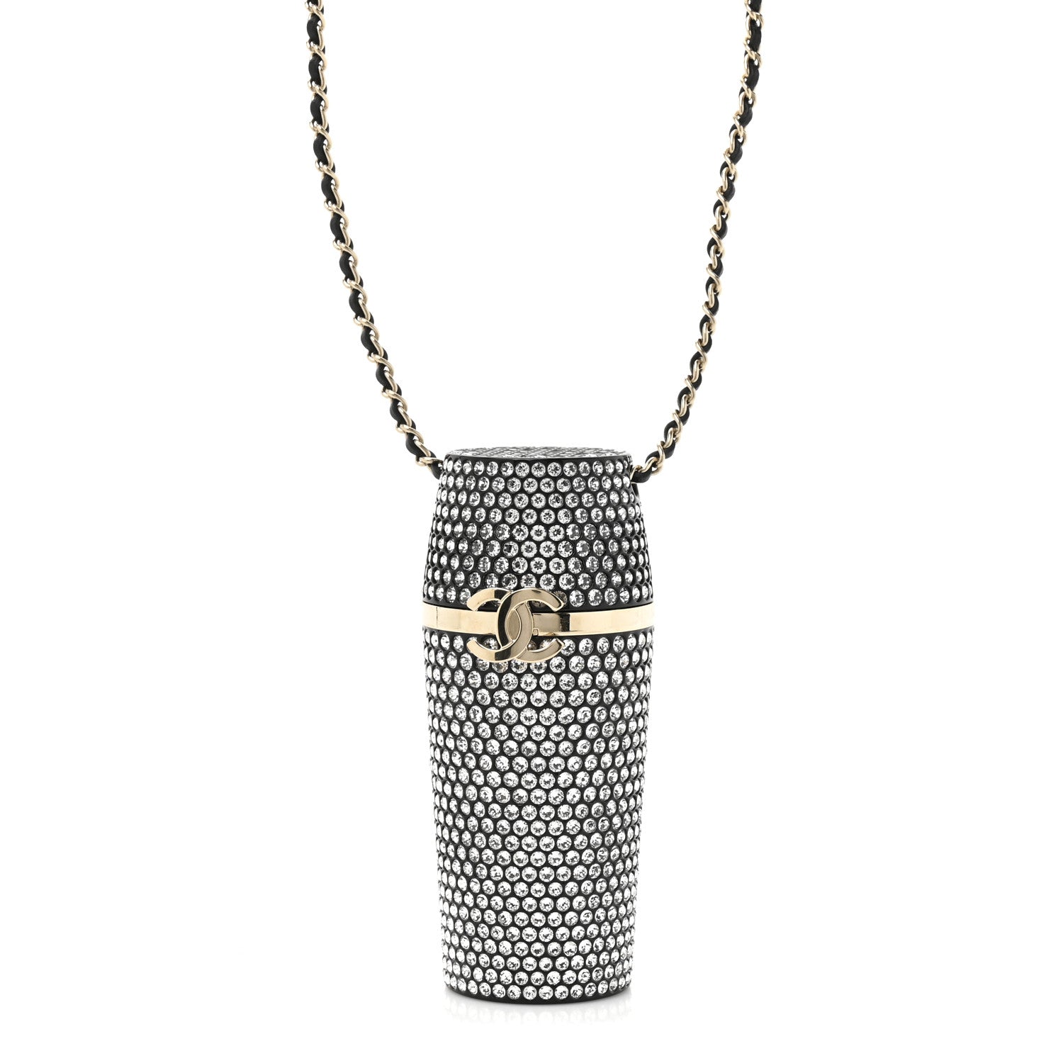 Chanel Metal Resin Lambskin Crystal Lipstick Case Long Necklace On Chain Silver Black Gold