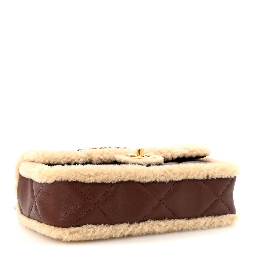 Chanel Shearling Lambskin Quilted Furry Coco Flap Dark Brown Beige