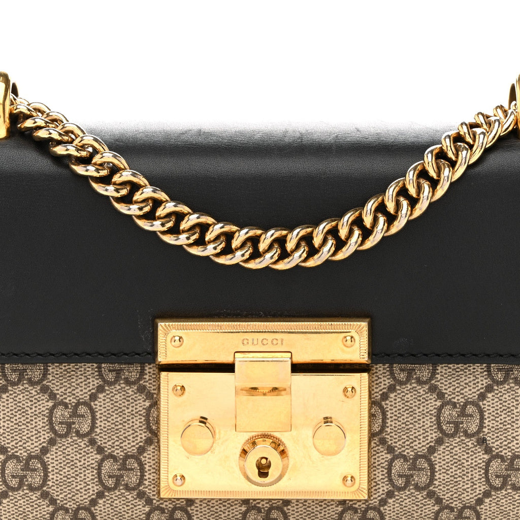 Gucci GG Supreme Monogram Calfskin Small Padlock Shoulder Bag Beige Black Cuir
