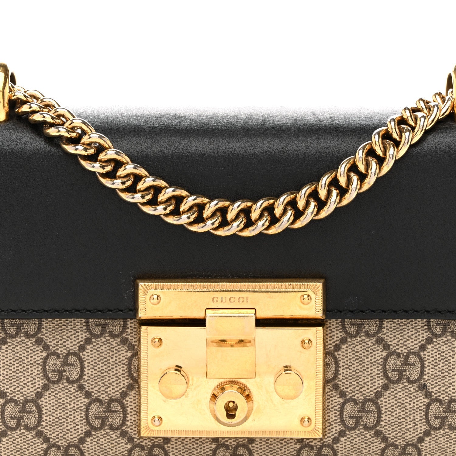 Gucci GG Supreme Monogram Calfskin Small Padlock Shoulder Bag Beige Black Cuir