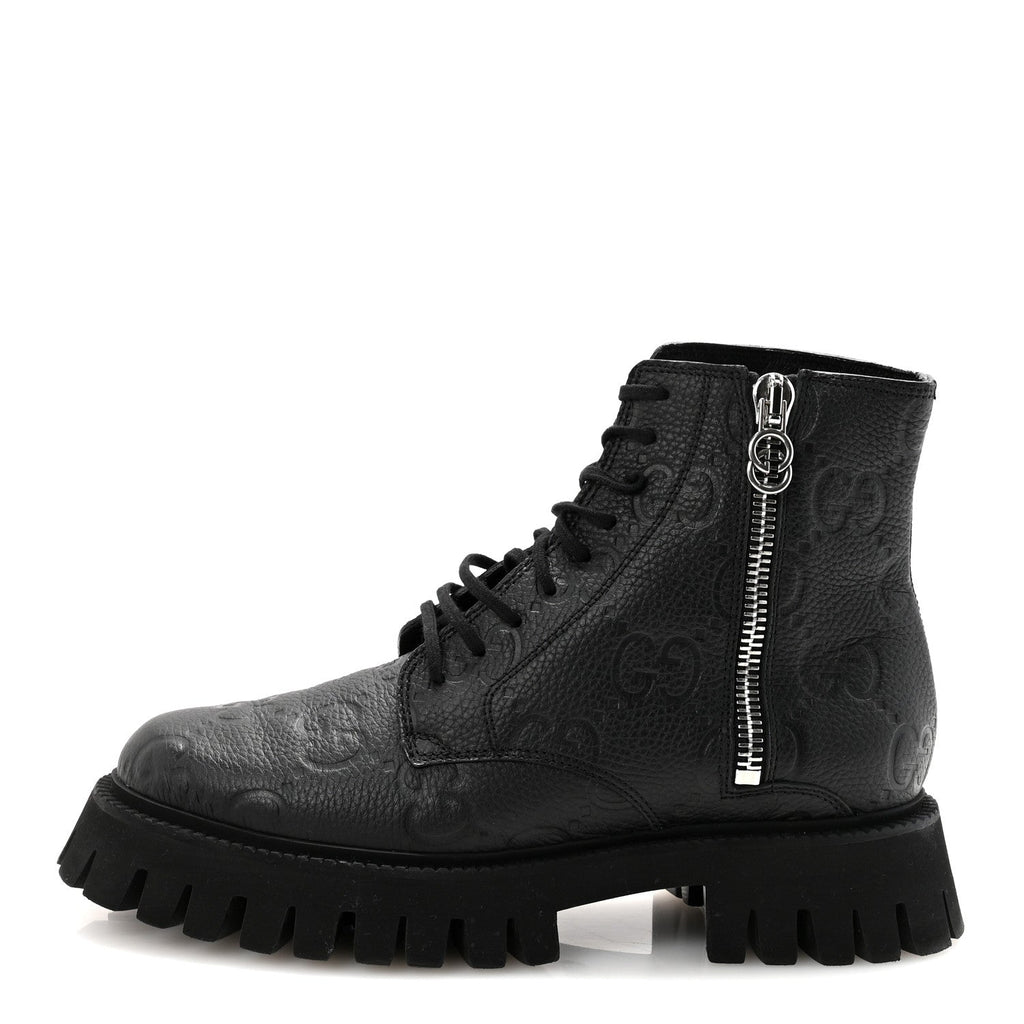 Gucci Calfskin Embossed Monogram Mens Lace Up Ankle Boots 7 Black