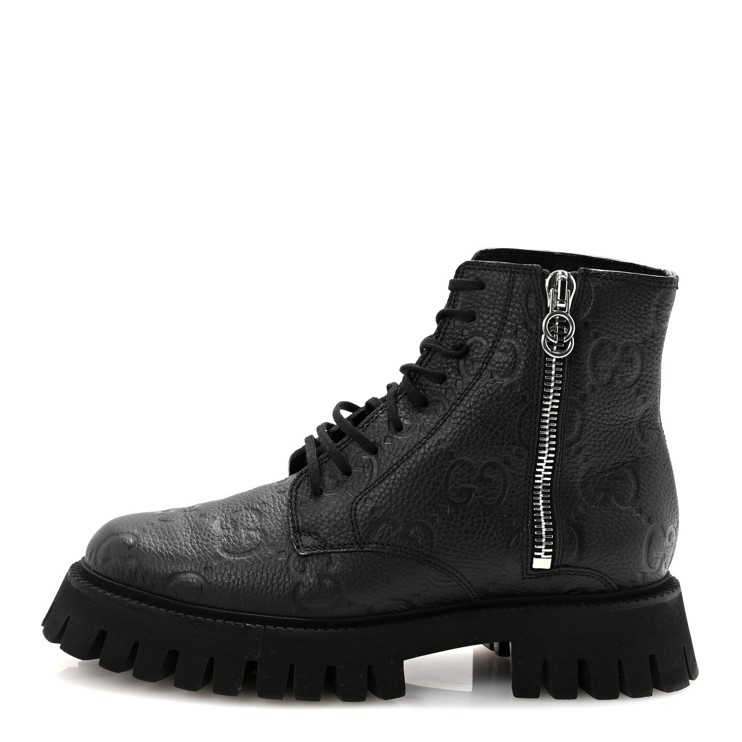 Gucci Calfskin Embossed Monogram Mens Lace Up Ankle Boots 7 Black
