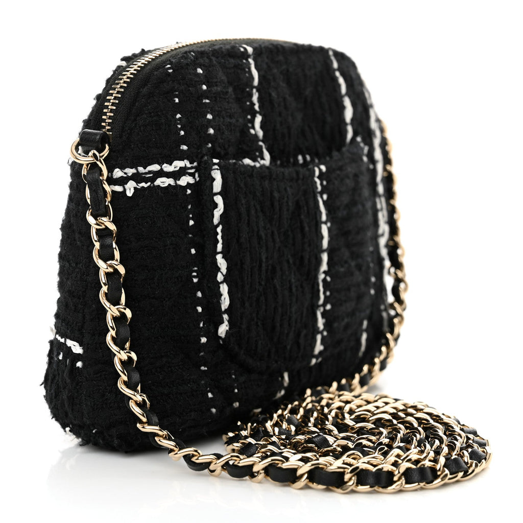 Chanel Tweed Quilted Mini Clutch With Chain Black White