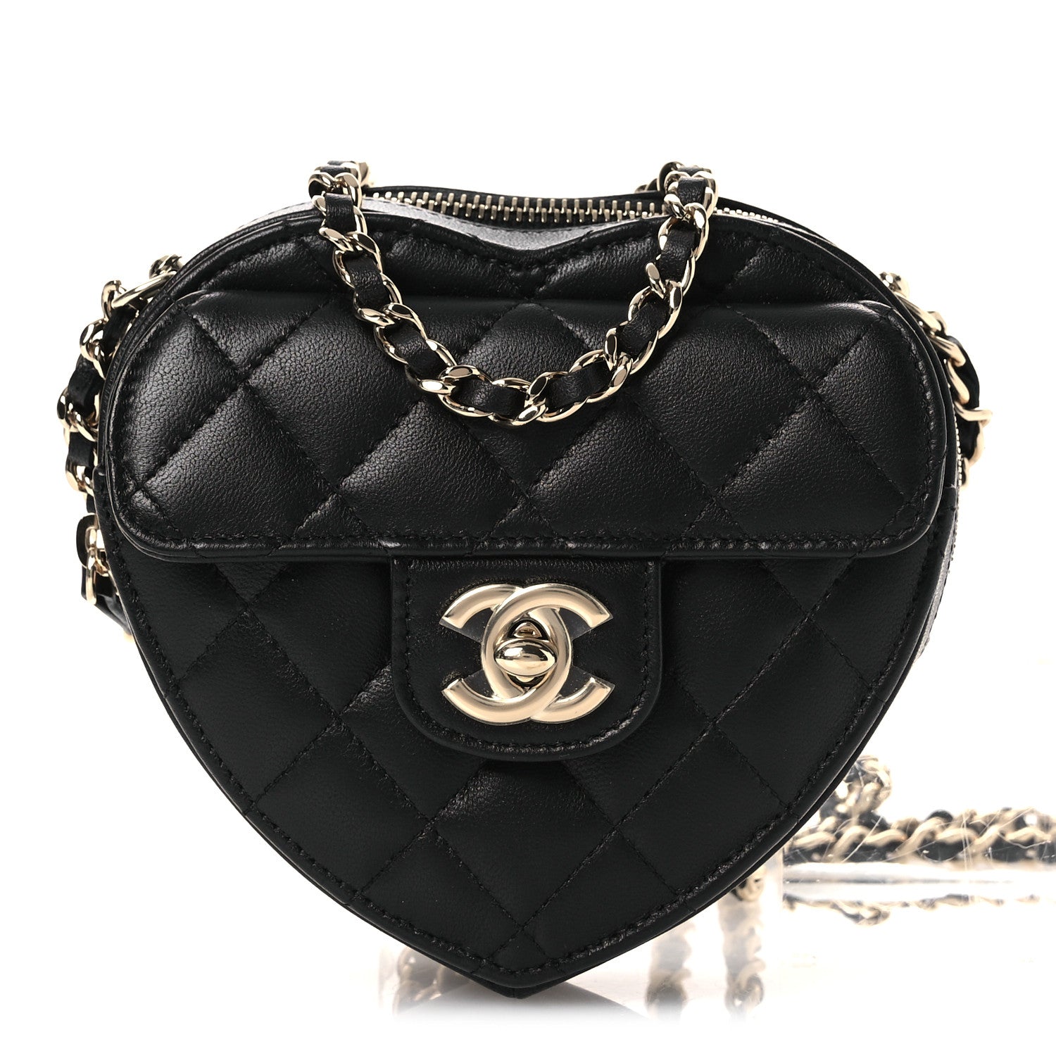 Chanel Lambskin Quilted CC In Love Heart Clutch With Chain Black