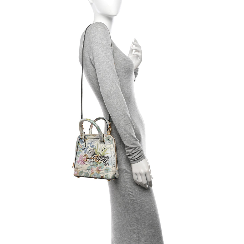 Gucci New Shangai Calfskin Tiger Savanah Web Mini Horsebit 1955 Top Handle Bag Chalky White Multicolor