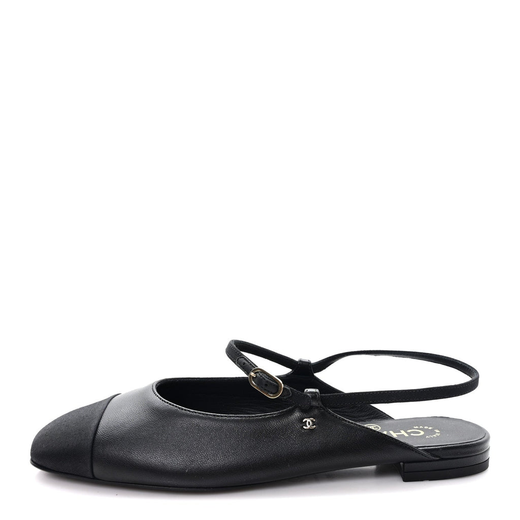 Lambskin Grosgrain Rounded Toe CC Slingback Flats 36.5 Black