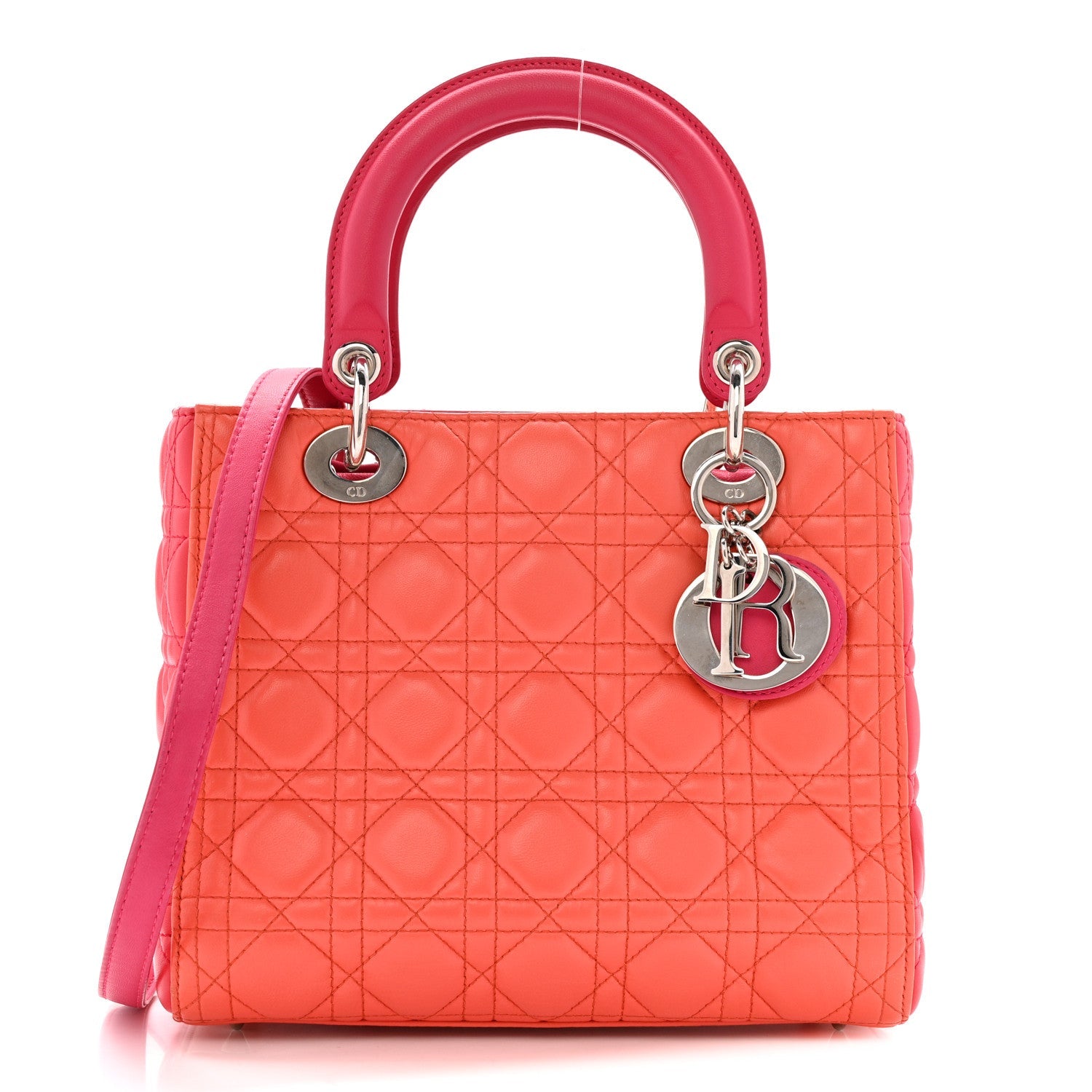 Christian Dior Lambskin Cannage Medium Bi-Color Lady Dior Orange Fuchsia