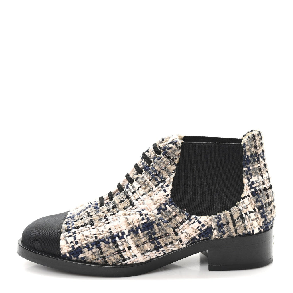 Chanel Tweed Calfskin Pearl Combat Short Boots 36 Beige Pink Black