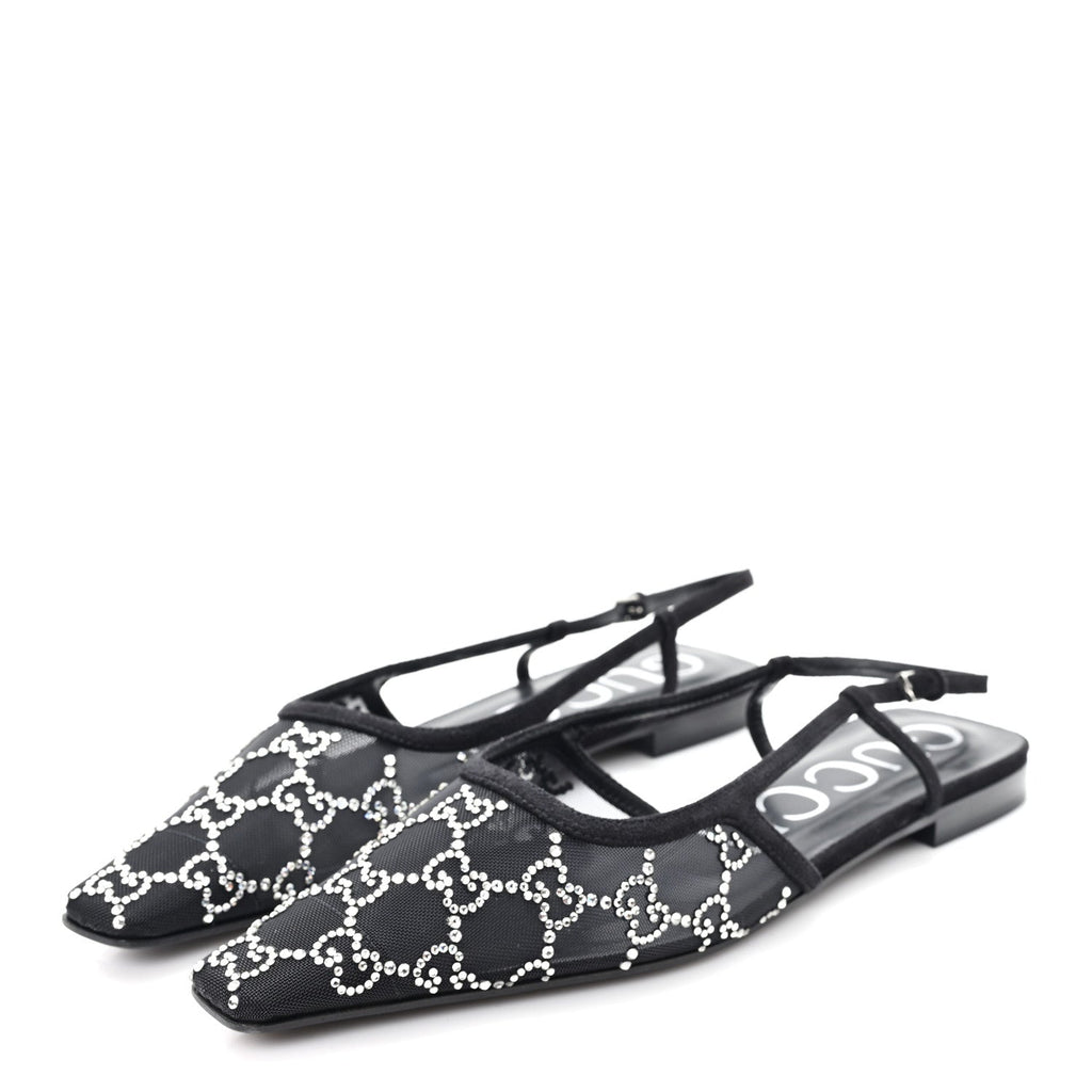Gucci Suede Mesh Crystal GG Monogram Slingback Ballet Flats 39 Black