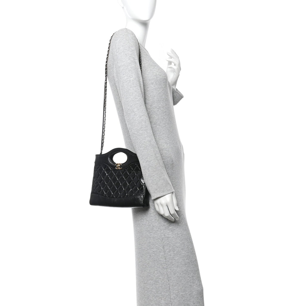 Chanel Shiny Crumpled Calfskin Quilted Mini 31 Shopping Bag Black