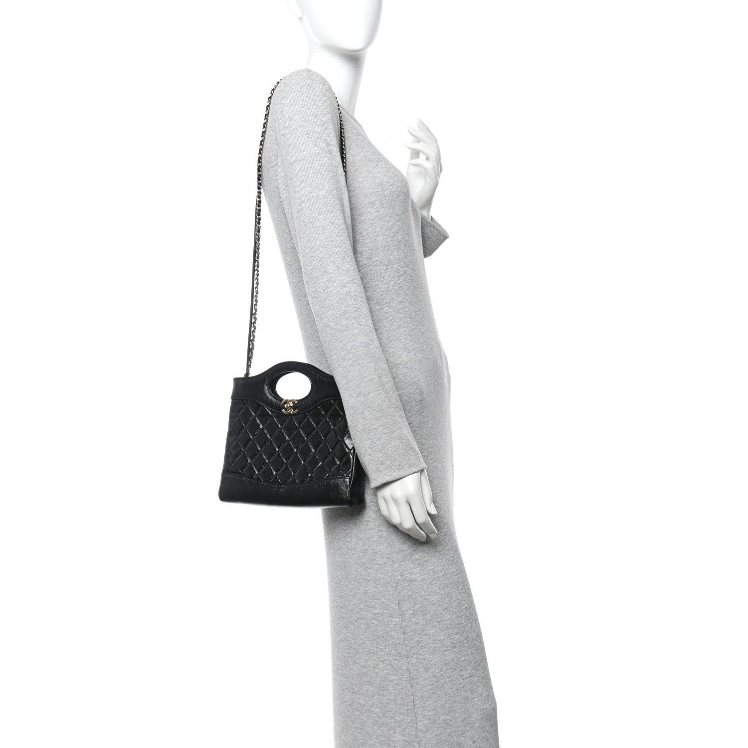 Chanel Shiny Crumpled Calfskin Quilted Mini 31 Shopping Bag Black