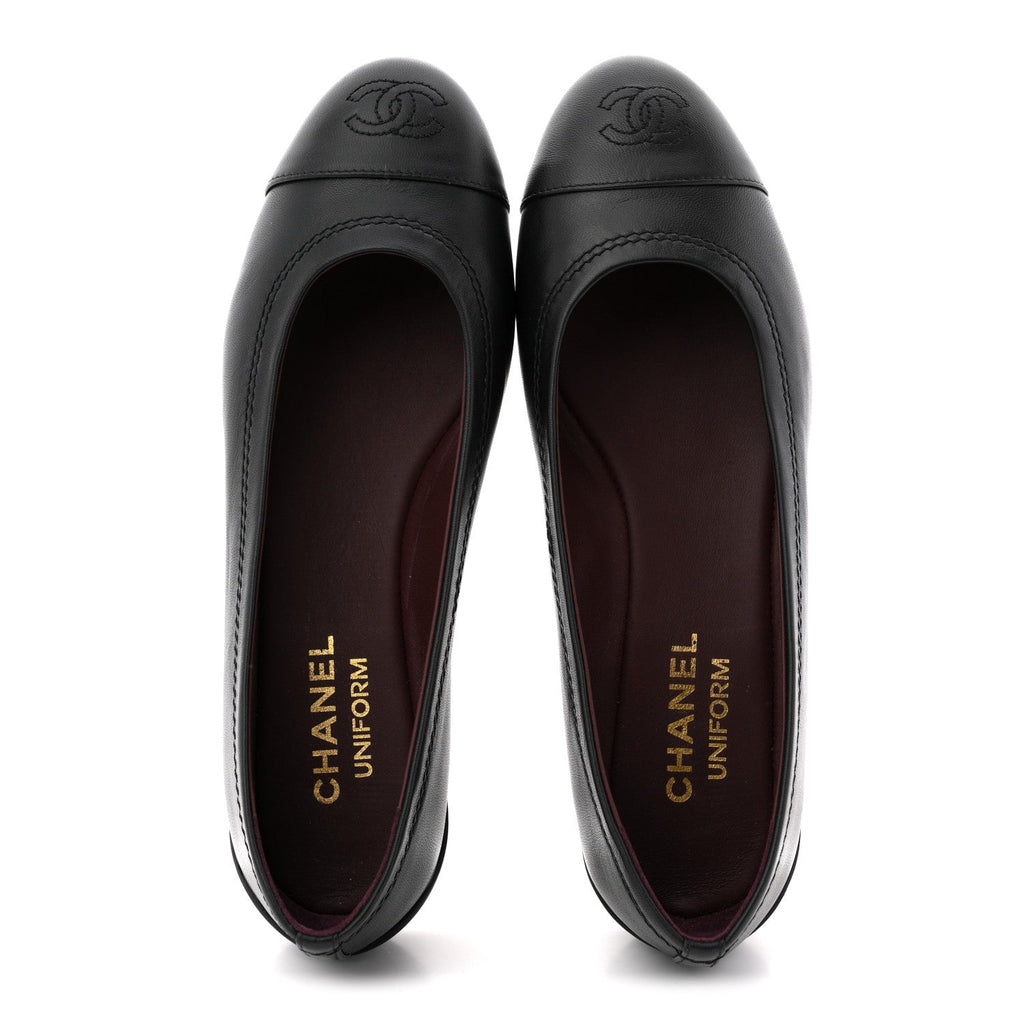 Lambskin Cap Toe CC Uniform Ballerina Flats 37.5 Black