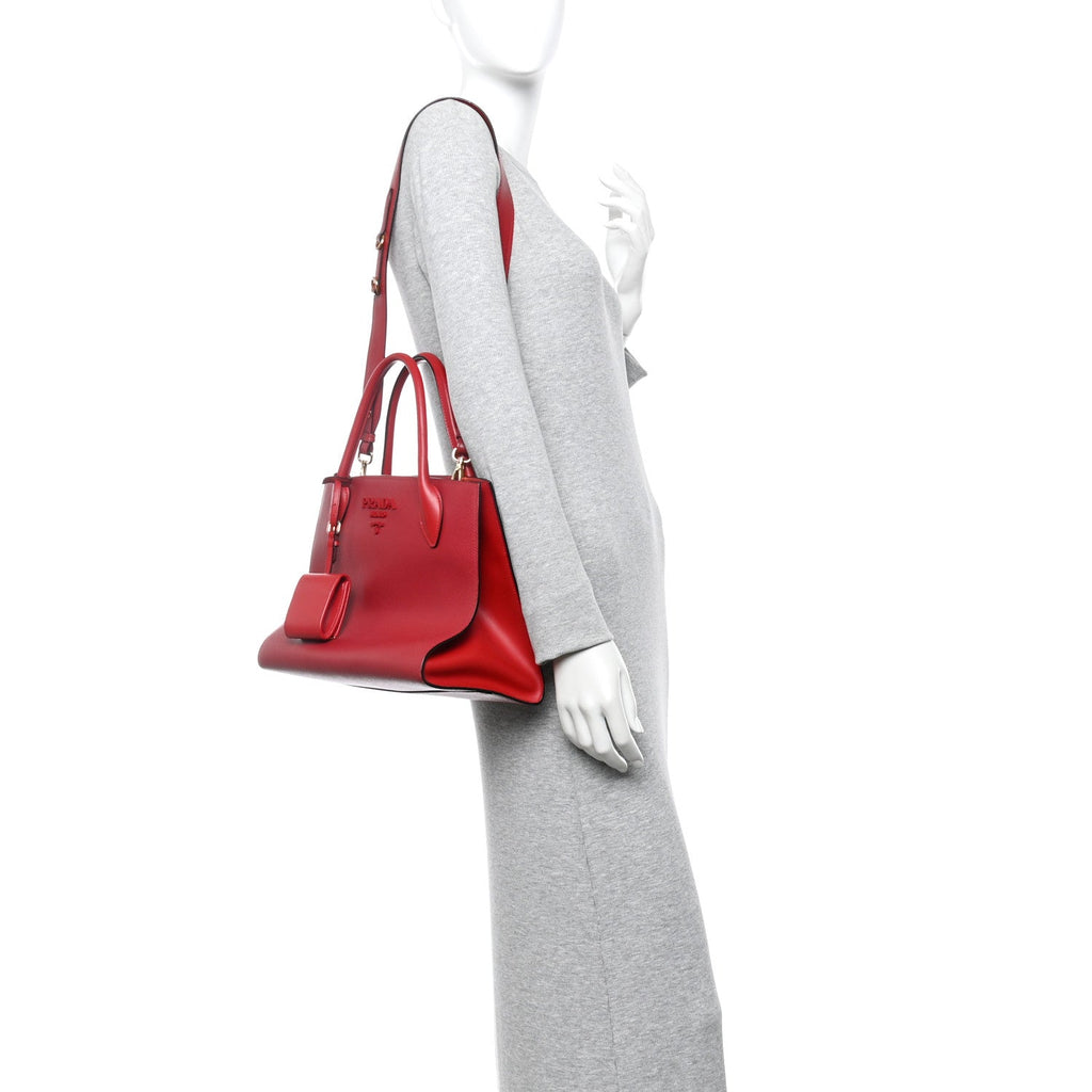 Prada Saffiano Cuir Calfskin Medium Monochrome Top Handle Tote Fuoco